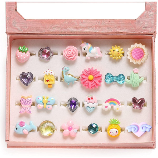 Smykkeringe i æske til små piger, justerbare, duplikatsikre, foregive leg og påklædningsringe til piger (24 søde ringe med diamanter)