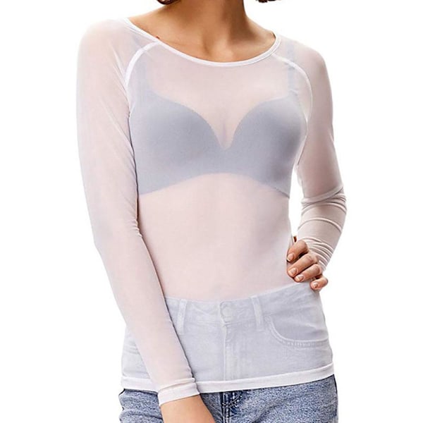 Helt gjennomsiktig nettingtopp for kvinner, langermet sexy gjennomsiktig tynn nettingtopp super stretch garnskjorte white M
