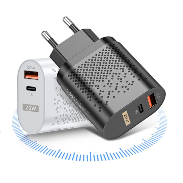 QC3.0 PD Hurtiglader 20W Dobbelt Port QC3.0 USB PD Ladehovedadapter til IOS 13 12 Sort EU Standard
