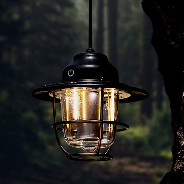 Ladattava LED-retrolyhty kannettava telttavalaisin ulkokäyttöön, pikniktunnelmavalaisin, musta