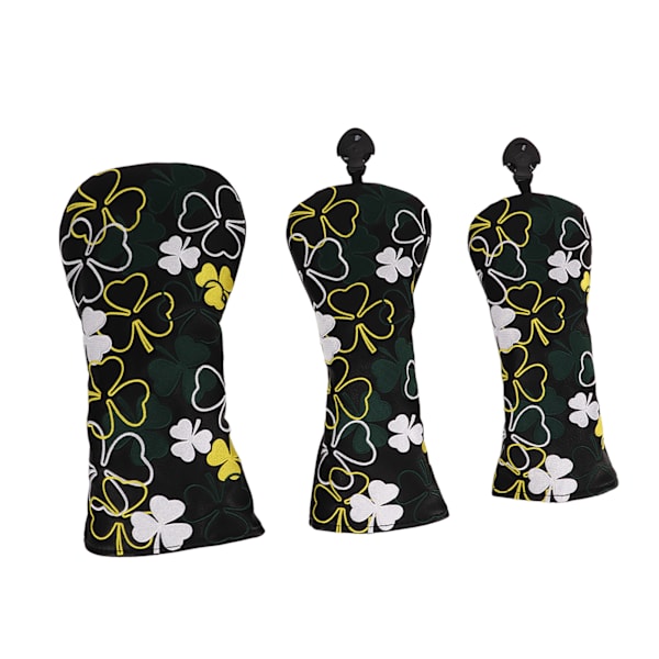 3st Golf Head Cover för Fairway Woods Driver Hybrids PU Vattentät Golf Club Headcover med fyrklövermönster Svart