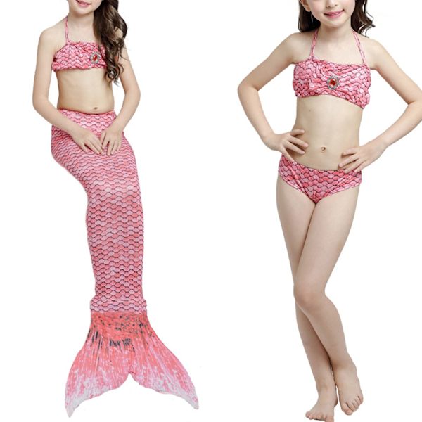 Girl Fish Tail Baddräkt Slips Halter Neck Slim Fit Mjuk Flexibel Barn 3-delads badkläder Set för Pool Party Strand Vattenmelon Röd 120cm/47.2in