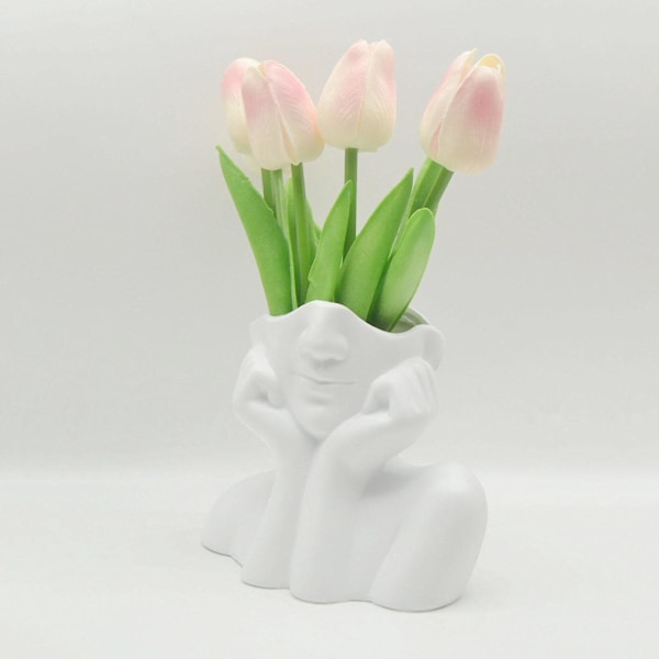 Hvid keramisk vase med menneskeansigt, kvindehoved, halv krop, moderne nordisk stil, velegnet til stue, kontor, bogreol ornamenter