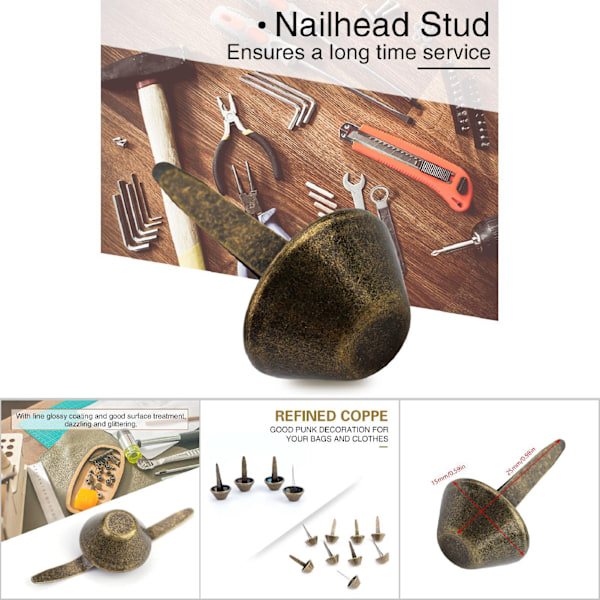 Lærhåndverkstilbehør - 50 stk Messingkonføtter Nailhead Stud Spike (15 mm)