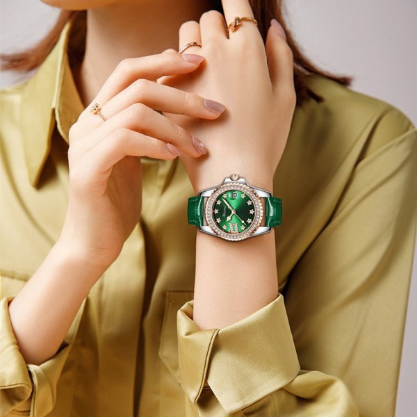 Quartz watch diamant vatten spökbälte vattentätt enkel kalender dam liten grön watch watch grön -A