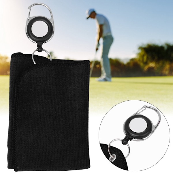 1 st dubbelsidig plysch bomullsgolfklubba Rengöringshandduksduk med dragrepsspänne (svart)