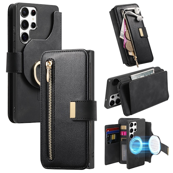 Magnetisk lærdeksel med avtakbar RFID-blokkerende lommebok med glidelås for Samsung Galaxy A34 5G black