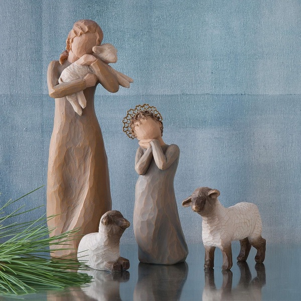 Willow Shepherdess, graverade handmålade julkrubba figurer, set om 3