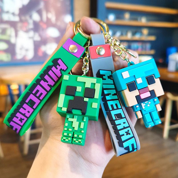 Minecraft PVC avaimenperäsetti pehmeä kumihahmo auton koristeluun, reppuun ja avainten rakennuspalikka-tarvikkeet blue