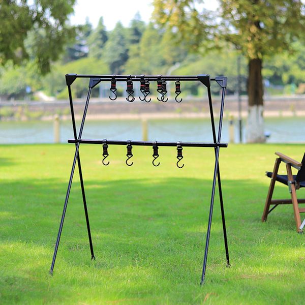 Camping Hängställning Aluminiumlegering Dubbellager Multifunktionellt stativ Utomhusställ Verktyg Svart med Mesh Svart