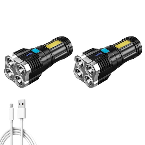 LED utomhus ficklampa Bärbar USB Uppladdningsbar Super Bright Ficklampa Quad Core för fiske Vandring nödsituationer 2st