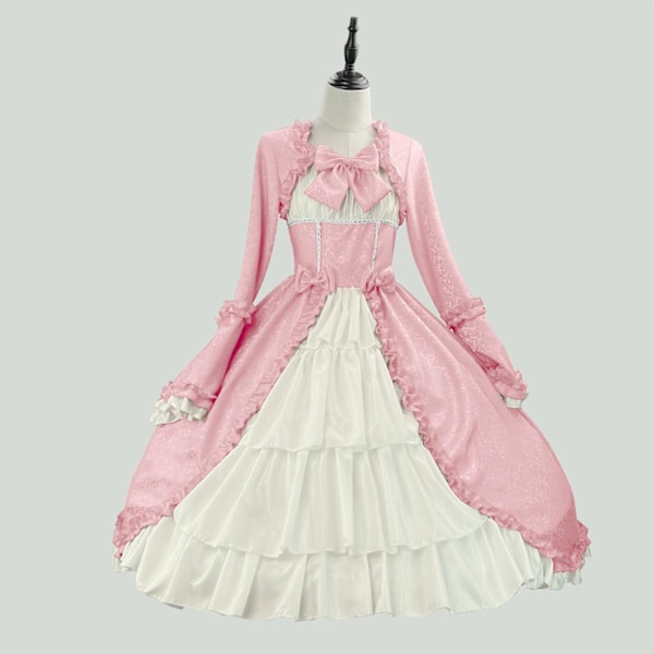 Eurooppalainen ja amerikkalainen keskiaikainen retro goottilainen hovipuku neliökauluksella vyötäröompeleella ja rusettipuvulla pink M