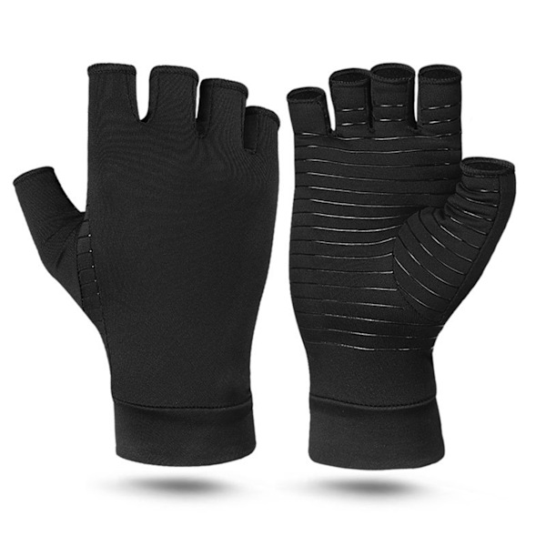Kopparkompressionsartrithandskar Anti-slip kopparinfunderade fingerlösa handskar för män kvinnor Svart S