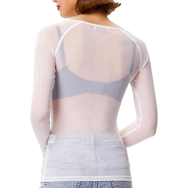Helt gjennomsiktig nettingtopp for kvinner, langermet sexy gjennomsiktig tynn nettingtopp super stretch garnskjorte white S