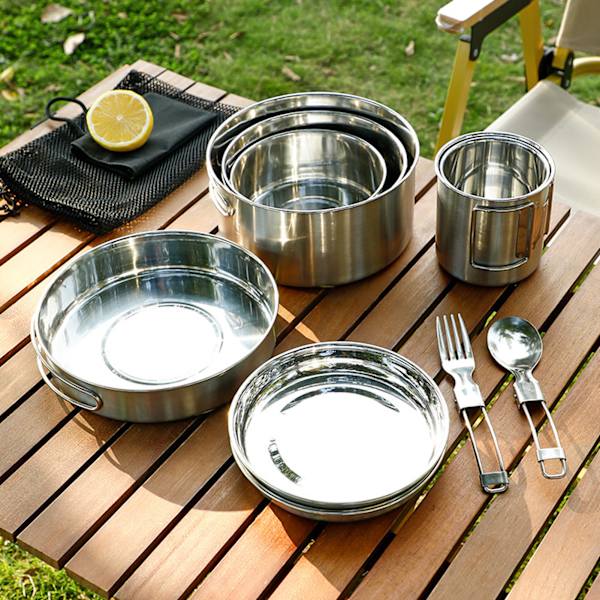 12 st Camping Köksredskap Set Vikbart handtag 304 Rostfritt stål Bärbar Picknick Kökskopp Set