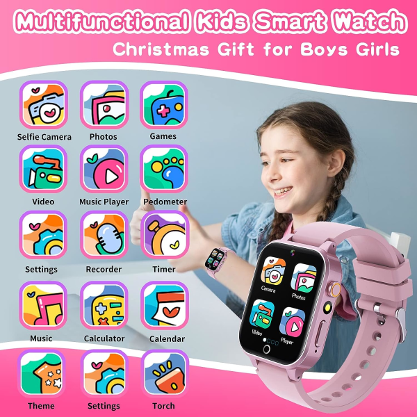 Smartklokkegave for barn til barn, spill HD-klokke med berøringsskjerm med kameramusikkspiller 12/24 timers pedagogisk lekebursdagsgave (rosa)