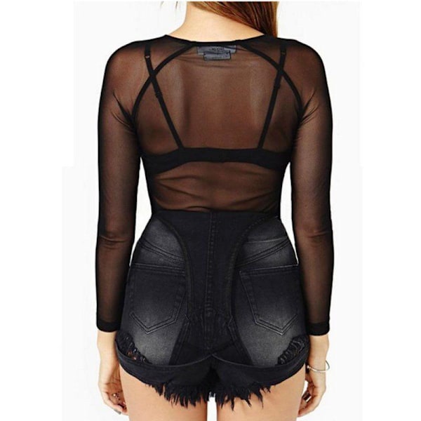 Helt gjennomsiktig nettingtopp for kvinner, langermet sexy gjennomsiktig tynn nettingtopp super stretch garnskjorte balck S