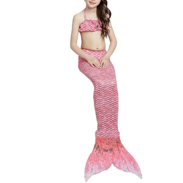 Girl Fish Tail Baddräkt Slips Halter Neck Slim Fit Mjuk Flexibel Barn 3-delads badkläder Set för Pool Party Strand Vattenmelon Röd 120cm/47.2in