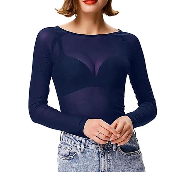 Helt gjennomsiktig nettingtopp for kvinner, langermet sexy gjennomsiktig tynn nettingtopp super stretch garnskjorte blue M