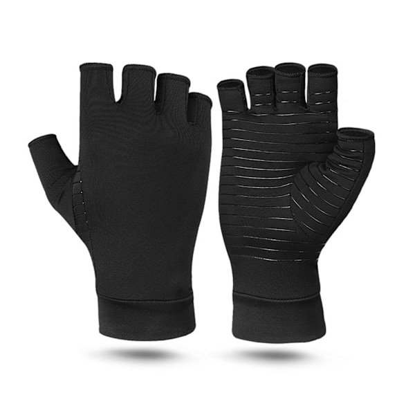 Kopparkompressionsartrithandskar Anti-slip kopparinfunderade fingerlösa handskar för män kvinnor Svart M