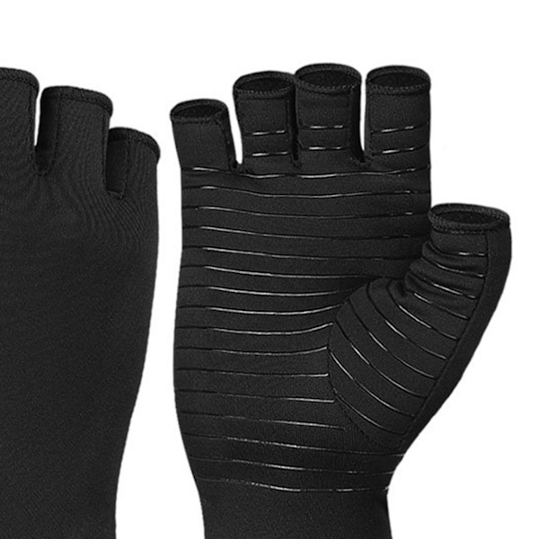 Kopparkompressionsartrithandskar Anti-slip kopparinfunderade fingerlösa handskar för män kvinnor Svart M