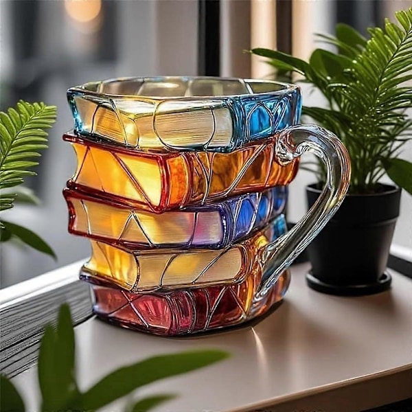 Malet bogkop, håndlavet farvet glas bog kaffekop, ny og unik farvet akryl bogstabel form kaffekop