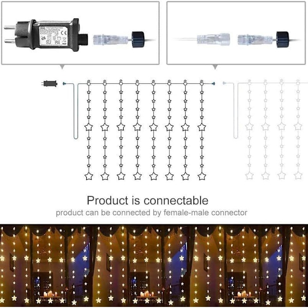 Yinuo Spejl-Fejlys: 2mx1.5m stjernegardin med 80 stjerner og 144 LED'er. Fjernbetjening, 8 tilstande, perfekt til festlige vinduesdekorationer