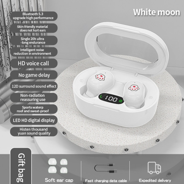 Trådløst bluetooth-hodesett med superlang batterilevetid i øret støyreduserende hodesett-A ess white digital display