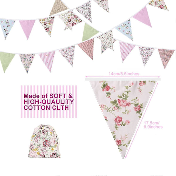 40ft Tygbunting, 42st Utomhus Bunting Banners, Blommig Vintage Bomullsvimplar