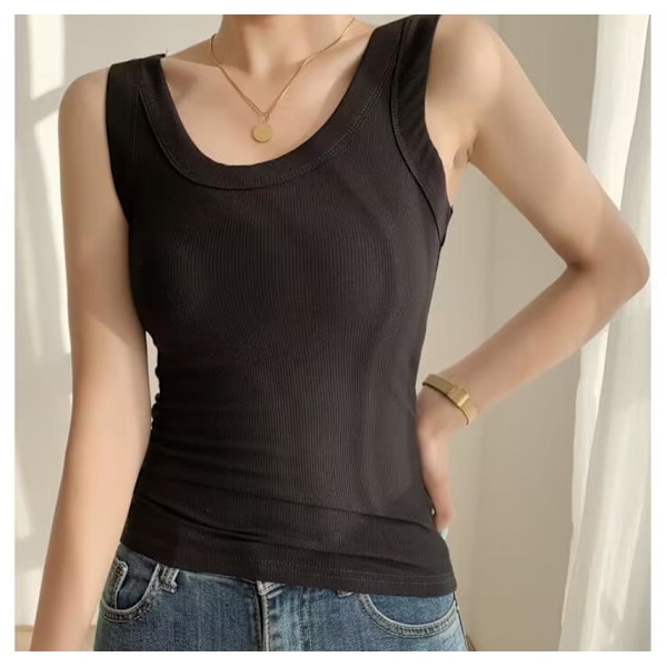 Høykvalitets ribbestrikket bomulls tanktopp for kvinner, dekker sidebrystene, slim fit, egnet for inner- eller ytterbekledning for å forhindre eksponering black M