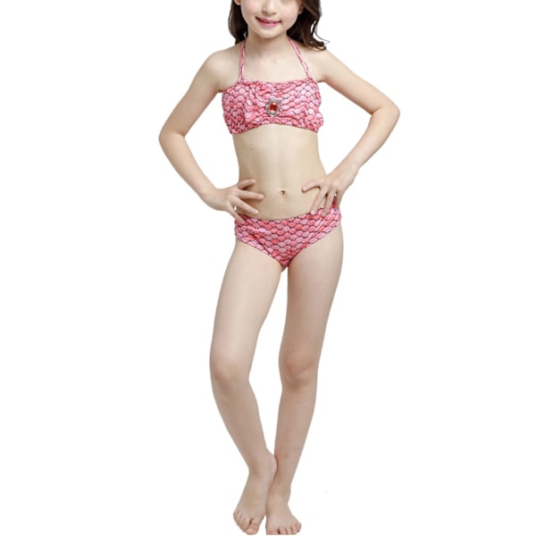 Girl Fish Tail Baddräkt Slips Halter Neck Slim Fit Mjuk Flexibel Barn 3-delads badkläder Set för Pool Party Strand Vattenmelon Röd 130cm/51.2in