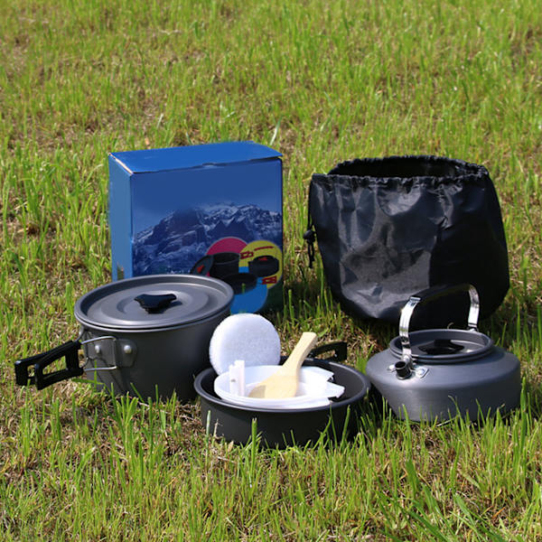 Camping kokkärl set aluminiumlegering hårdoxiderad gryta vattenkokare Camping kokkärl set med vikbart handtag