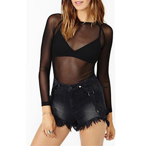 Helt gjennomsiktig nettingtopp for kvinner, langermet sexy gjennomsiktig tynn nettingtopp super stretch garnskjorte balck XL