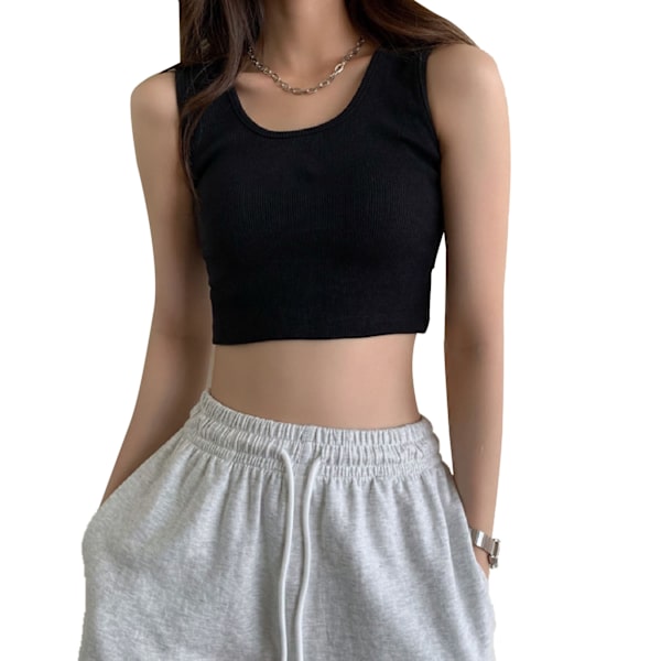 Dam Sport Linne Ribbstickat Mjuk Andas Slim Fit Lady Summer Ärmlös Topp för utomhusträning Shopping Svart L