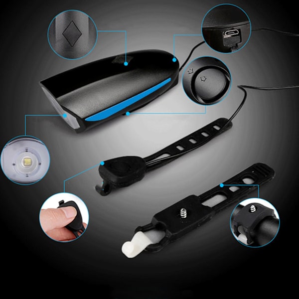 7588 USB oppladbar sykkellykt 2 i 1 sykkel frontlys med horn for sykling blå