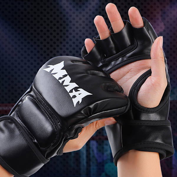 1 par halvfingerknæbeskyttere God dæmpningsydelse Hul håndflade Fortykket boksehandsker Sort MMA