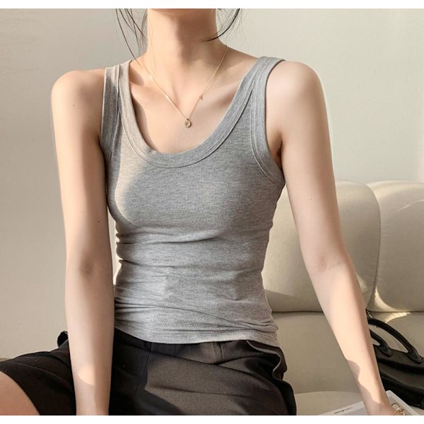 Høykvalitets ribbestrikket bomulls tanktopp for kvinner, dekker sidebrystene, slim fit, egnet for inner- eller ytterbekledning for å forhindre eksponering grey L
