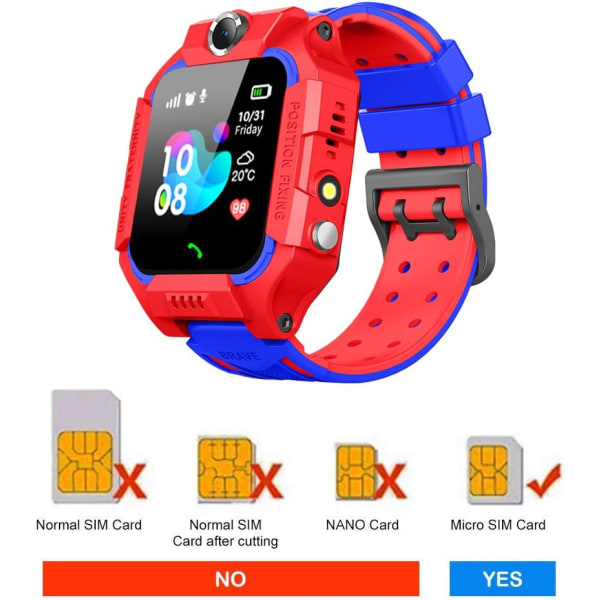 Børne Smart Watch Telefon Vandtæt Smart Watch Touch Screen med Opkaldskamera Vækkeur SOS Outdoor Sports Ur til Børn Student Gavelegetøj (Rød)