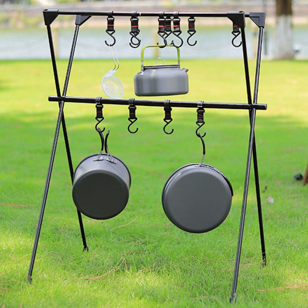 Camping Hängställning Aluminiumlegering Dubbellager Multifunktionellt stativ Utomhusställ Verktyg Svart med Mesh Svart