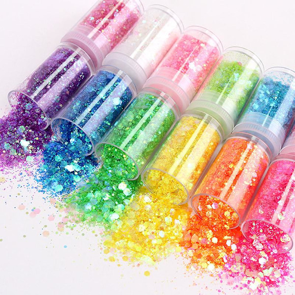 Karneval blandat grovt och fint glitterpulver, 32 färger regnbåge löst puder, kosmetika ansikte kropp hår glitterpulver