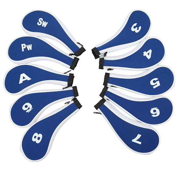 10 st Golf Iron Head Cover med nummertryck Neopren Dragkedja Golf Club Irons Covers Royal Blue Vit Dragkedja