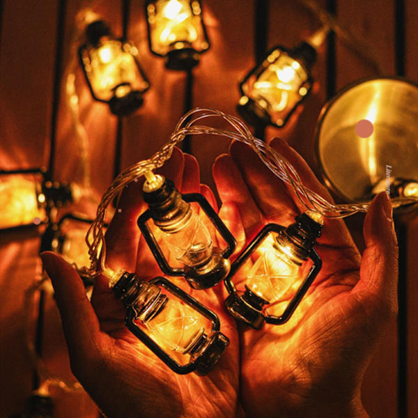LED Svart Lantern String Light Retro Vattentät Energisparande Plast Mini Fotogenlampa för Camping Varm Vit 1,5m 10 Ljus