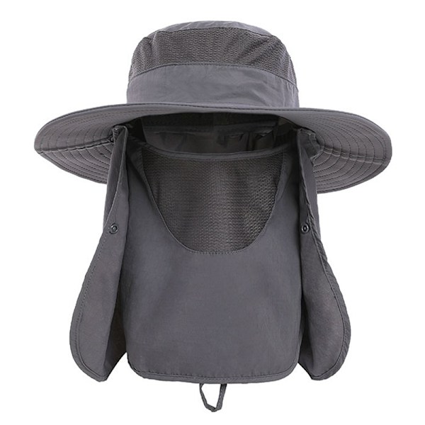 Solhatt UV-skyddsmössa Bred brättad nylon Andas Snabbtorkande UPF 50+ Fiskehatt med avtagbart ansiktshalsskydd Mörkgrå