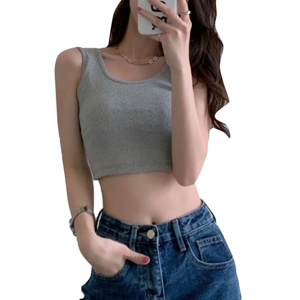 Dame Sports Tank Top Ribstrikket Blød Åndbar Slim Fit Dame Sommer Ærmeløs Top til Udendørs Træning Shopping Grå M