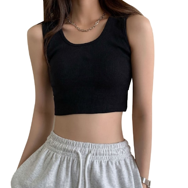 Dam Sport Linne Ribbstickat Mjuk Andas Slim Fit Lady Summer Ärmlös Topp för utomhusträning Shopping Svart L