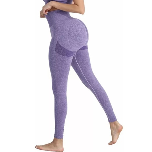 Träning Löpning Leggings Höftlyft Sömlös Hög midja Magkontroll Gym Fitness Sportbyxor för kvinnor Lila XL