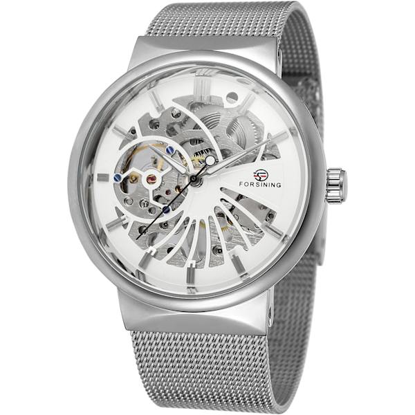 Populär mekanisk handuppdragning för män, ultratunn klocka med armband i rostfritt stål och mesh, skelettur