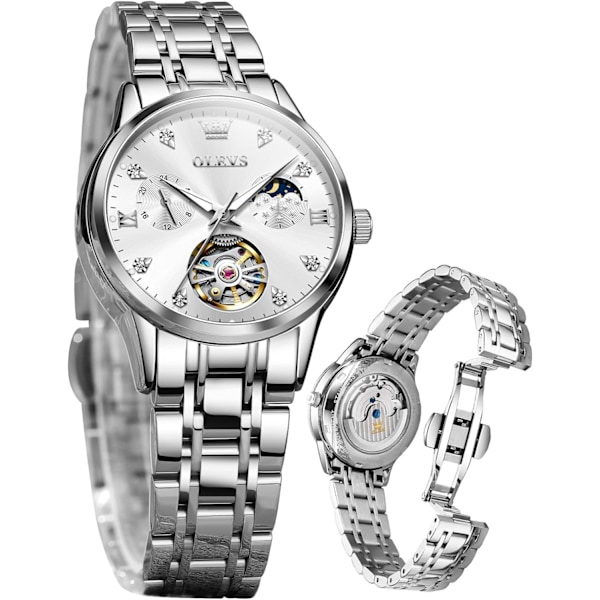 Automatiska damklockor Diamant Tourbillon Klänningsarmbandsur Månfas Vattentät Luminous