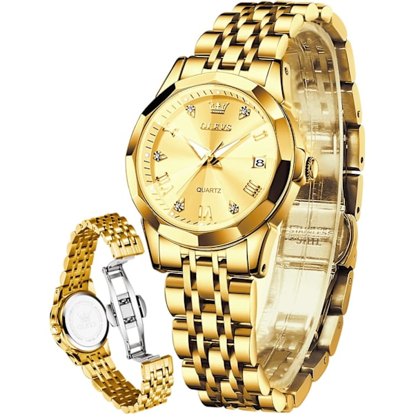 Damklocka Guld diamant klassisk elegant armbandsur rostfritt stål vattentät datum