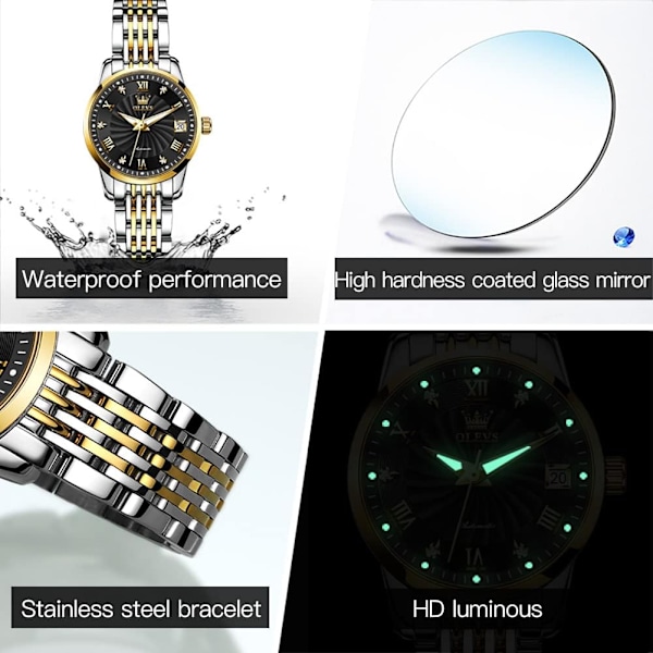Automatisk damklocka Diamant mode lyx klänning Mekanisk självuppdragande rostfritt stål damarmbandsur för kvinnor Luminous, vattentät